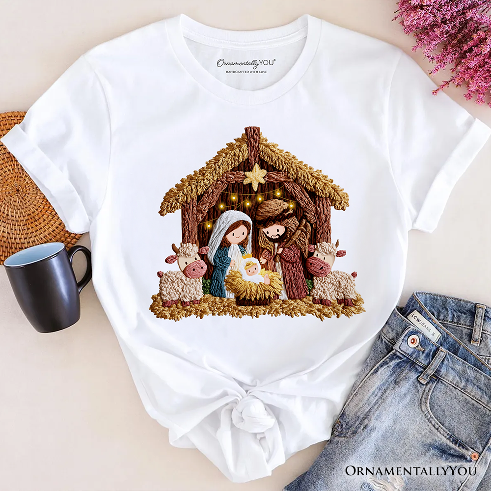 Nativity Holy Family Jesus Christmas T-Shirt, Imitation Latch Hook Yarn Cozy Christian Tee by OrnamentallyYou