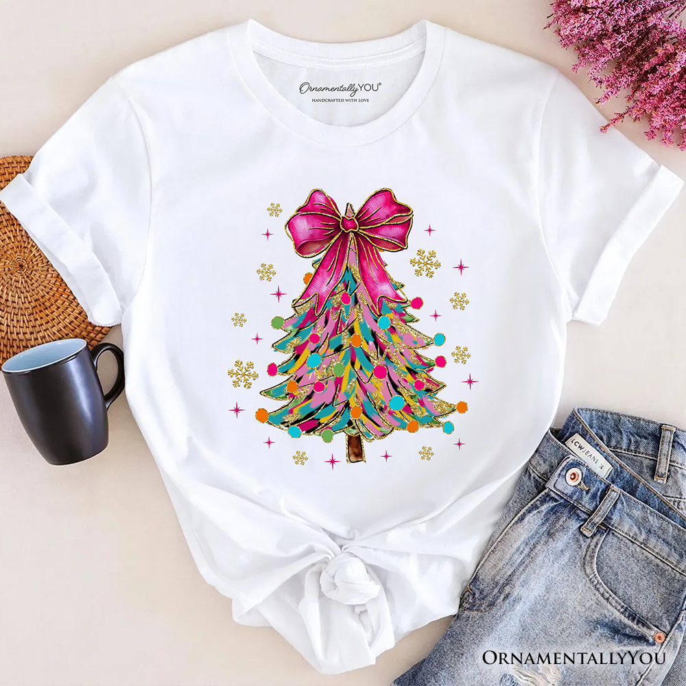 Colorful Glitter Christmas Tree Pink Bow T-Shirt, Pink Bow Coquette Holiday Tee by OrnamentallyYou