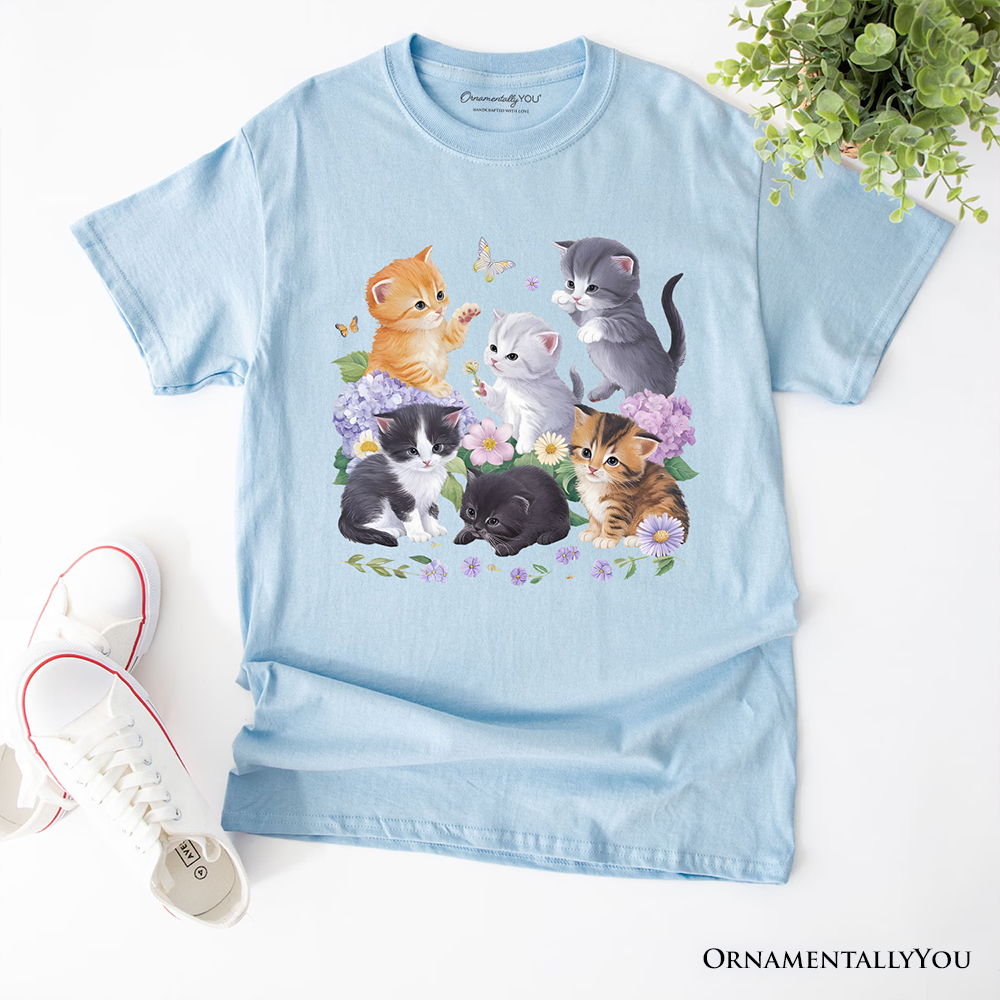 Cute Baby Cats Wildflower T-Shirt, Cottagecore Botanical Cat Tee by OrnamentallyYou