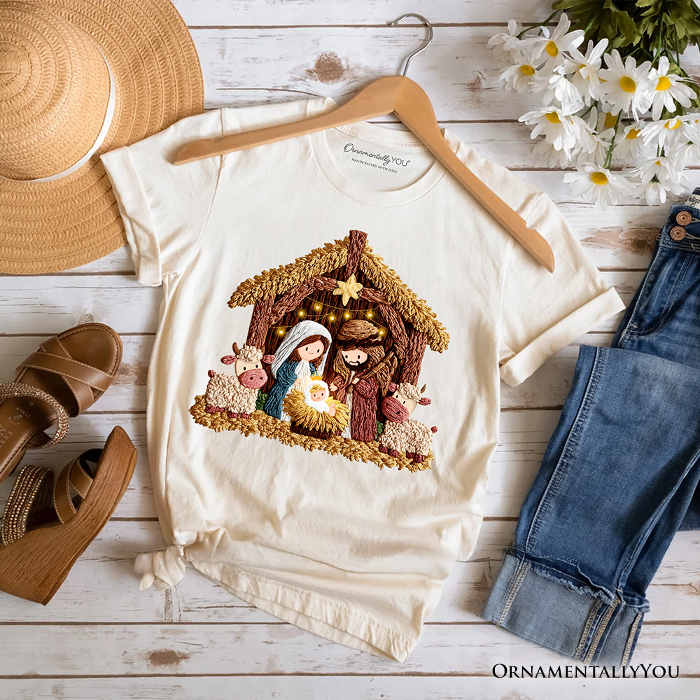 Nativity Holy Family Jesus Christmas T-Shirt, Imitation Latch Hook Yarn Cozy Christian Tee by OrnamentallyYou