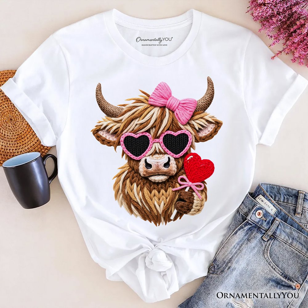 Highland Cow Faux-Yarn Valentine T-Shirt, Cute Knit Coquette Tee T-Shirts OrnamentallyYou White XS 