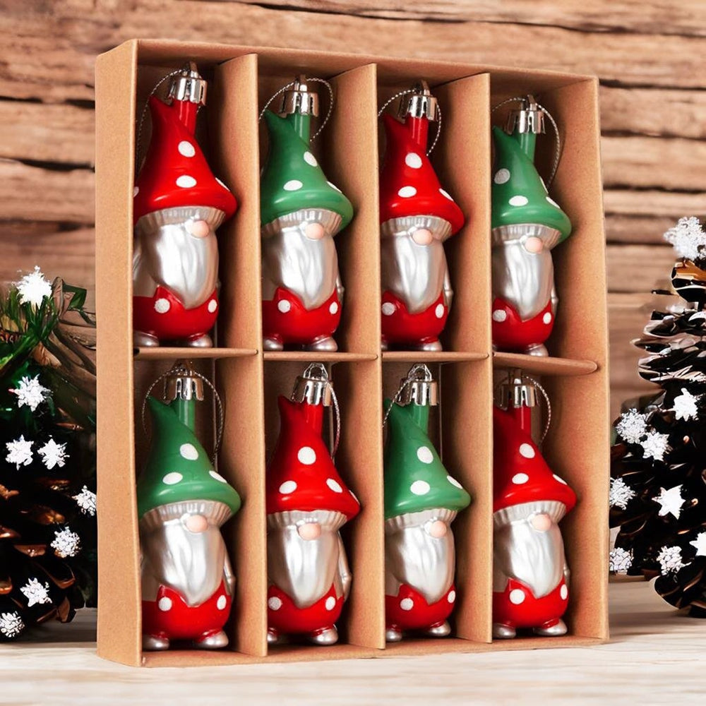 Red and Green Polka Dot Christmas Folksy Gnome Ornament Set, 8 Shatterproof Tree Gnomies Ornament Bundle OrnamentallyYou 