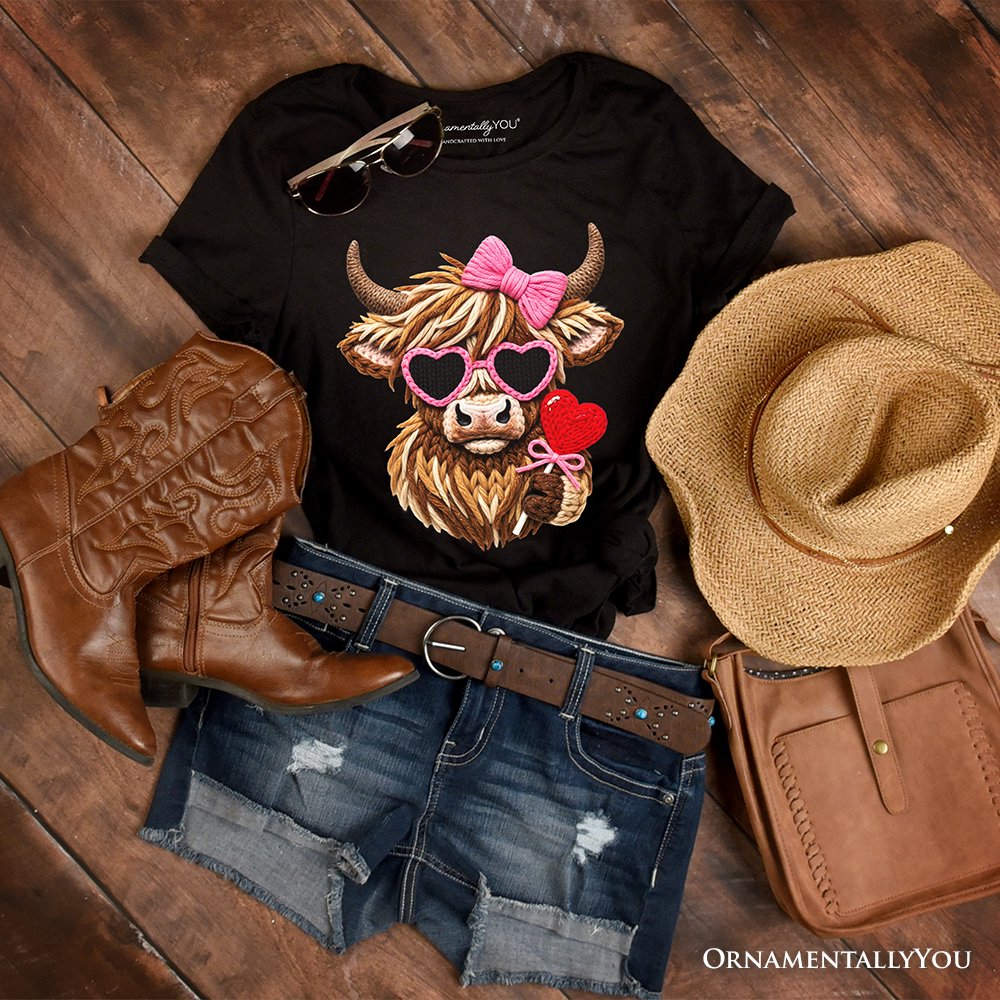 Highland Cow Faux-Yarn Valentine T-Shirt, Cute Knit Coquette Tee T-Shirts OrnamentallyYou Black XS 