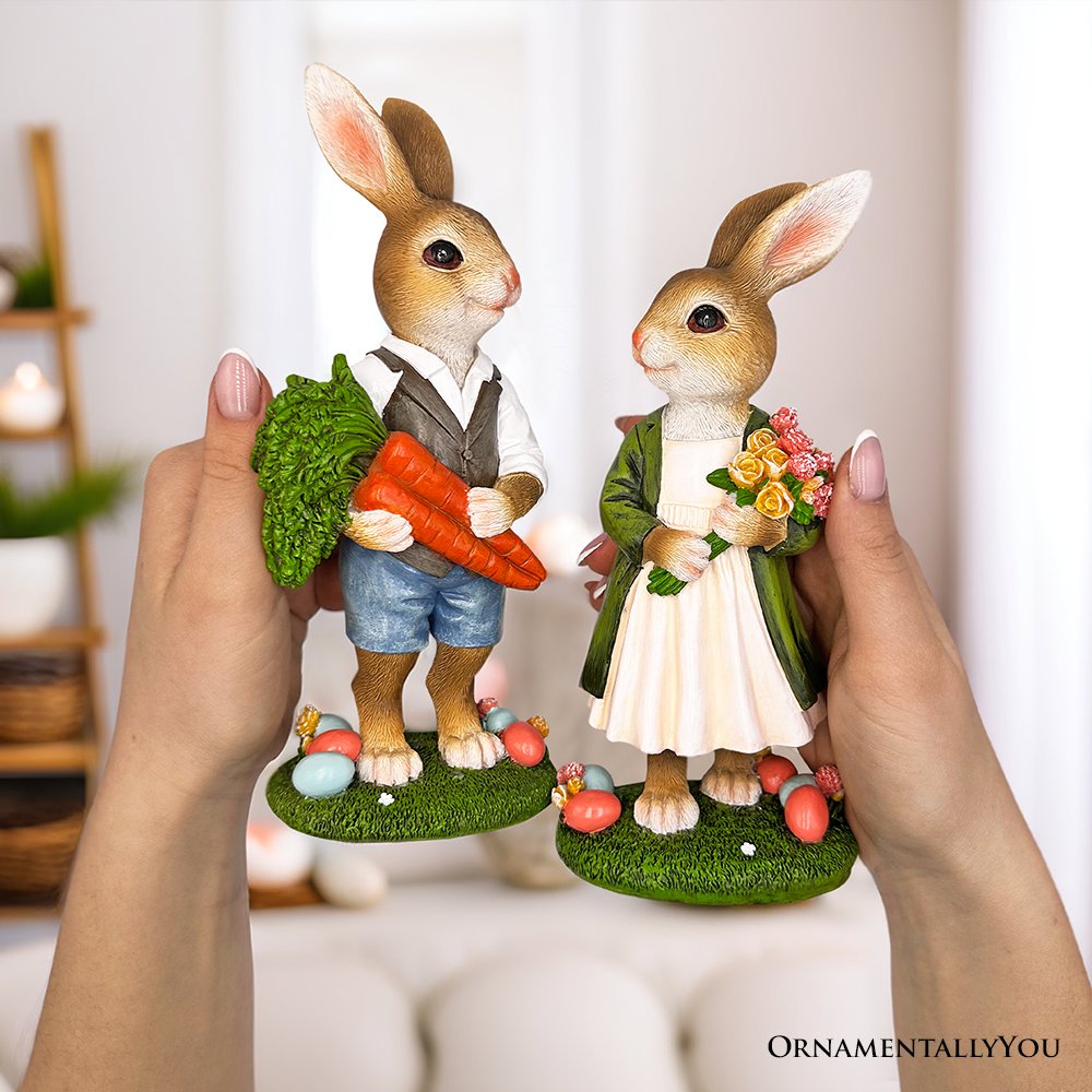 Harvest and Bloom Country Bunny Pair Figurine, 8" Rabbit Garden Statue Set Resin Statues OrnamentallyYou 
