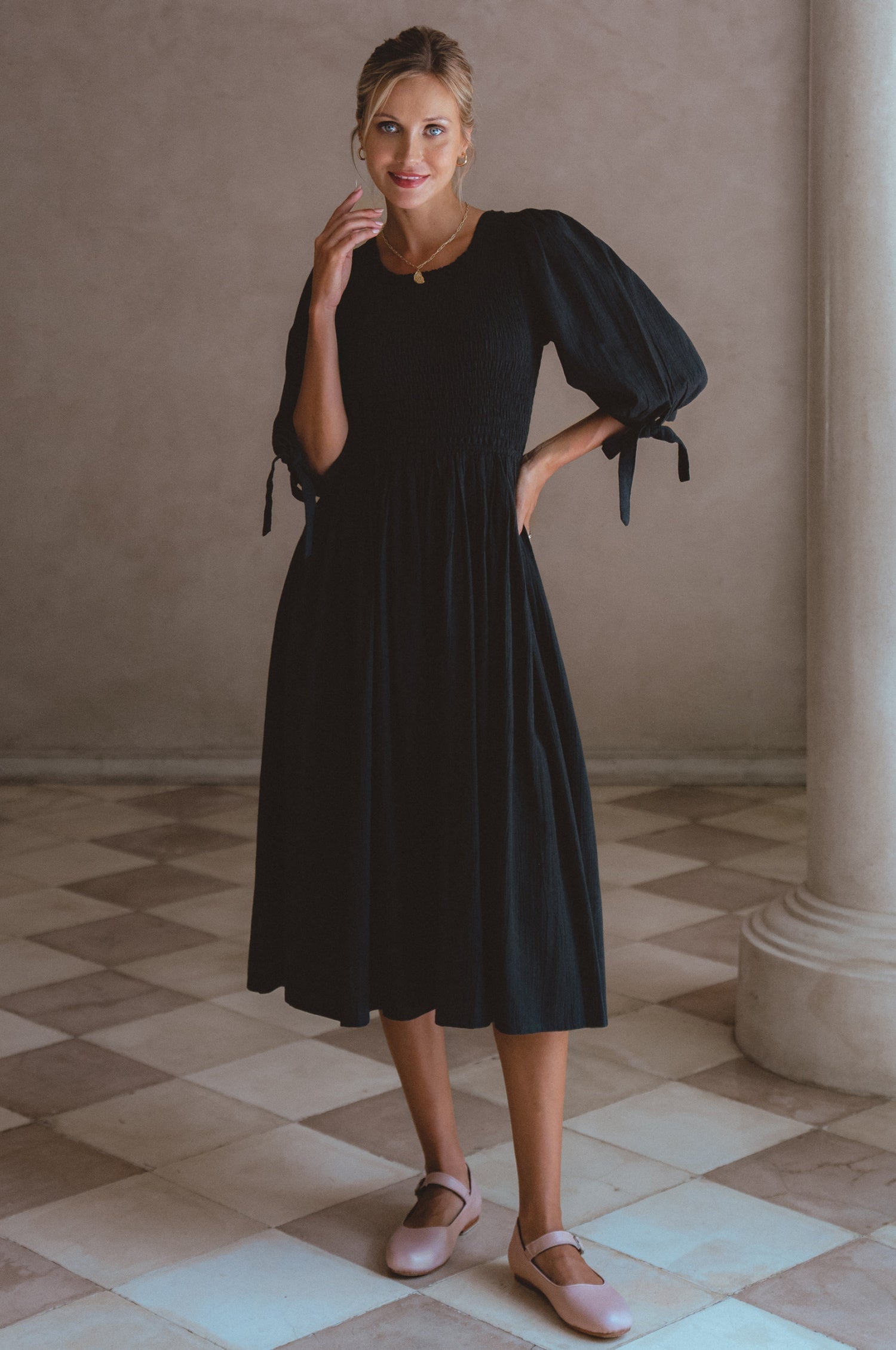Freya Smocked Linen Midi Dress by Bali ELF