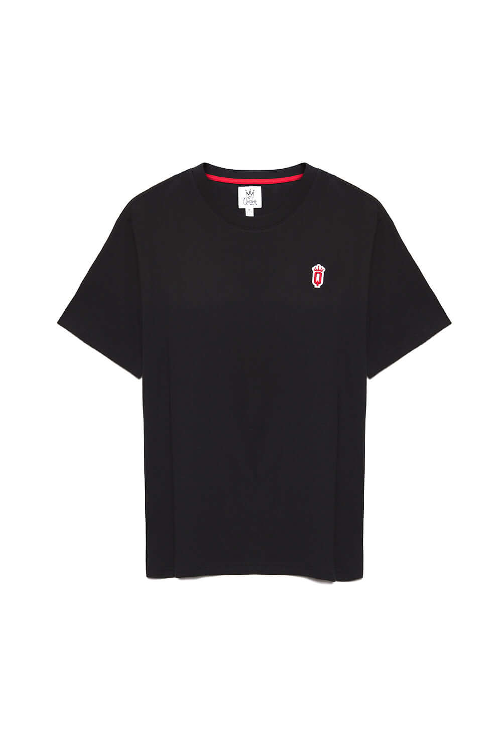  Black QCC crewneck T-shirt featuring red crown Q logo patch on chest and red piping inside the collar