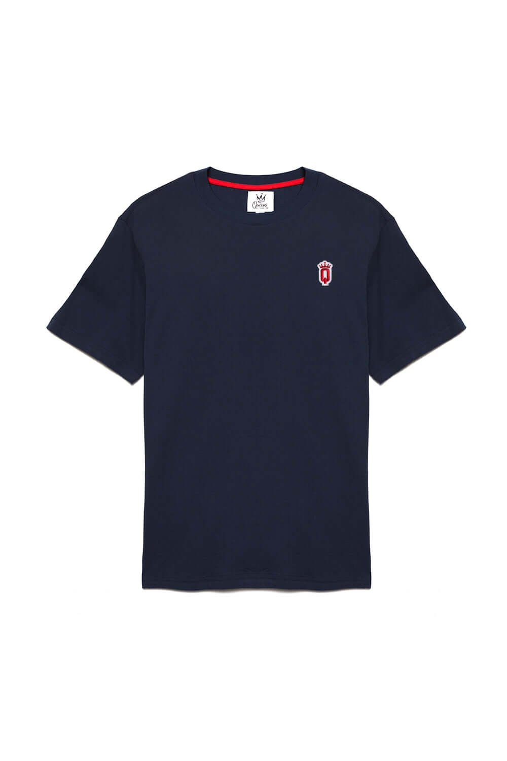  Navy cotton T-shirt by Queens Country Club with signature red Q crest and red collar lining