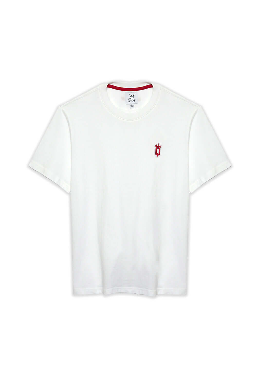  White QCC crewneck T-shirt with red embroidered crown Q patch on left chest and red interior collar piping