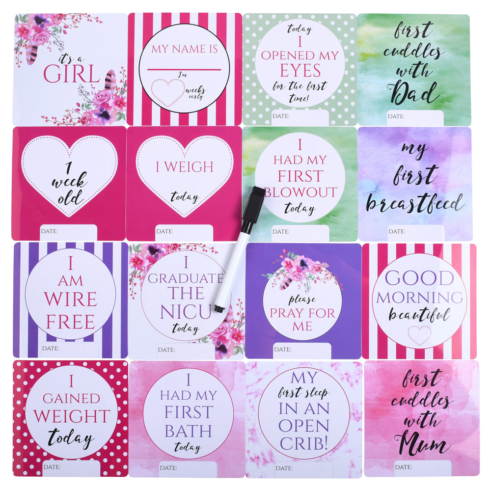 NICU photo milestone cards that you are able to wipe clean and draw on.