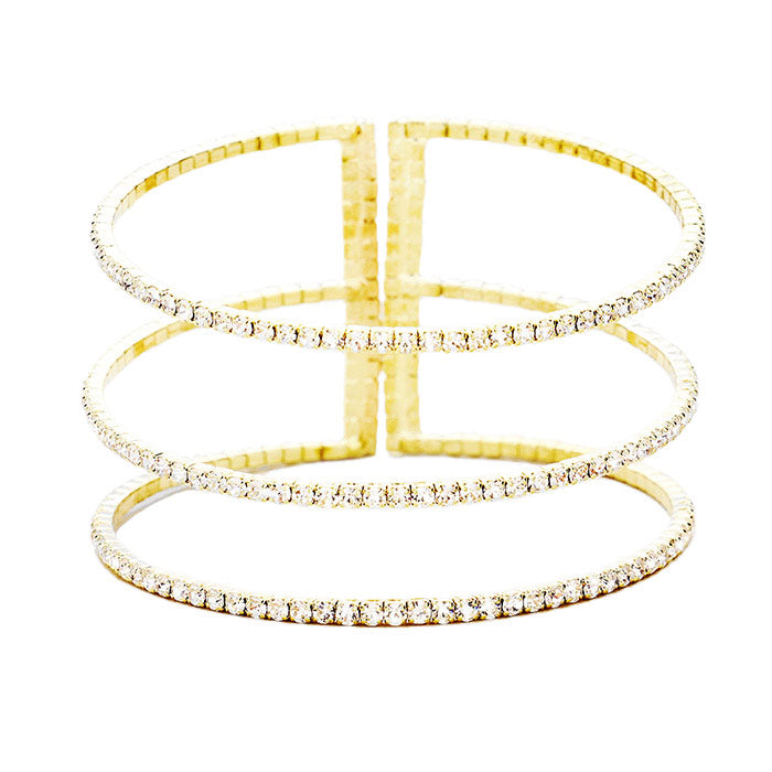 Gold 3Row Split Layer Round Crystal Detail Cuff Evening Bracelet, is an awesome evening bracelet to enlighten your outfit on special occasions and make you feel absolutely special. It adds a pop of pretty color to enrich your look. Coordinate with any outfit for a special occasion to make you absolutely gorgeous and make yourself stand out from the crowd. This is the jewelry that you need to show off to attract the crowd on a special occasion and make the moments memorable!