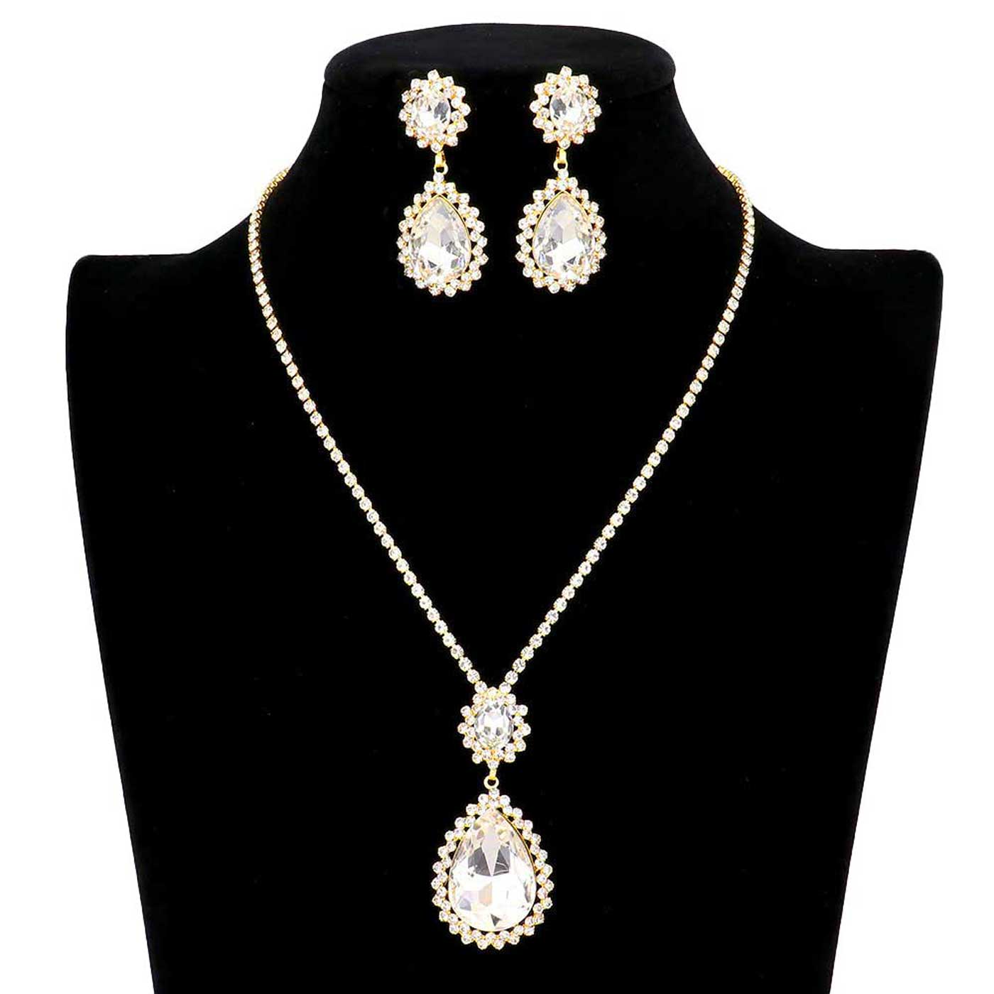 Gold Teardrop Accented Rhinestone Necklace. These gorgeous rhinestone pieces will show your class in any special occasion. The elegance of these rhinestone goes unmatched, great for wearing at a party! Perfect jewelry to enhance your look. Awesome gift for birthday, Anniversary, Valentine‚Äôs Day or any special occasion.