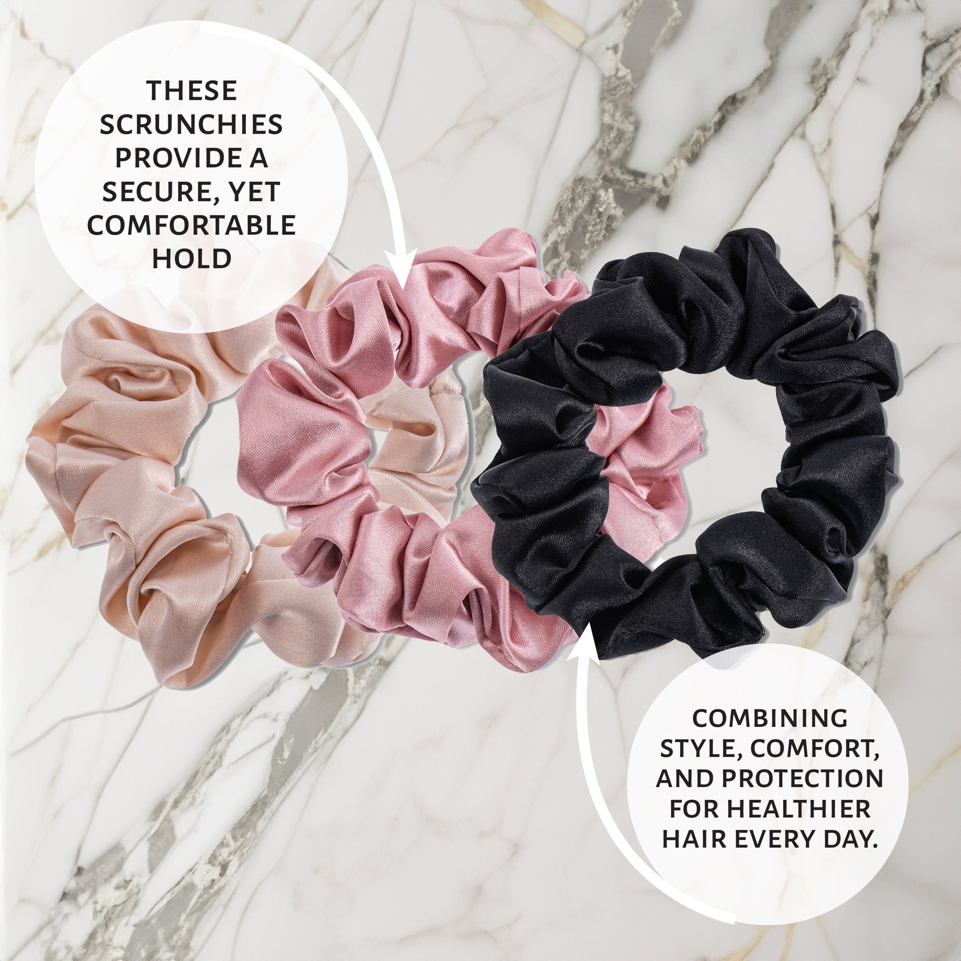 Market Fresh Beauty 100% Mulberry Silk Hair Scrunchies, 3 Pack - Large Silk Scrunchies for All Hair Types, Prevents Hair Breakage & Crease-Free Styling - Luxurious Soft Pink, Beige, and Black
