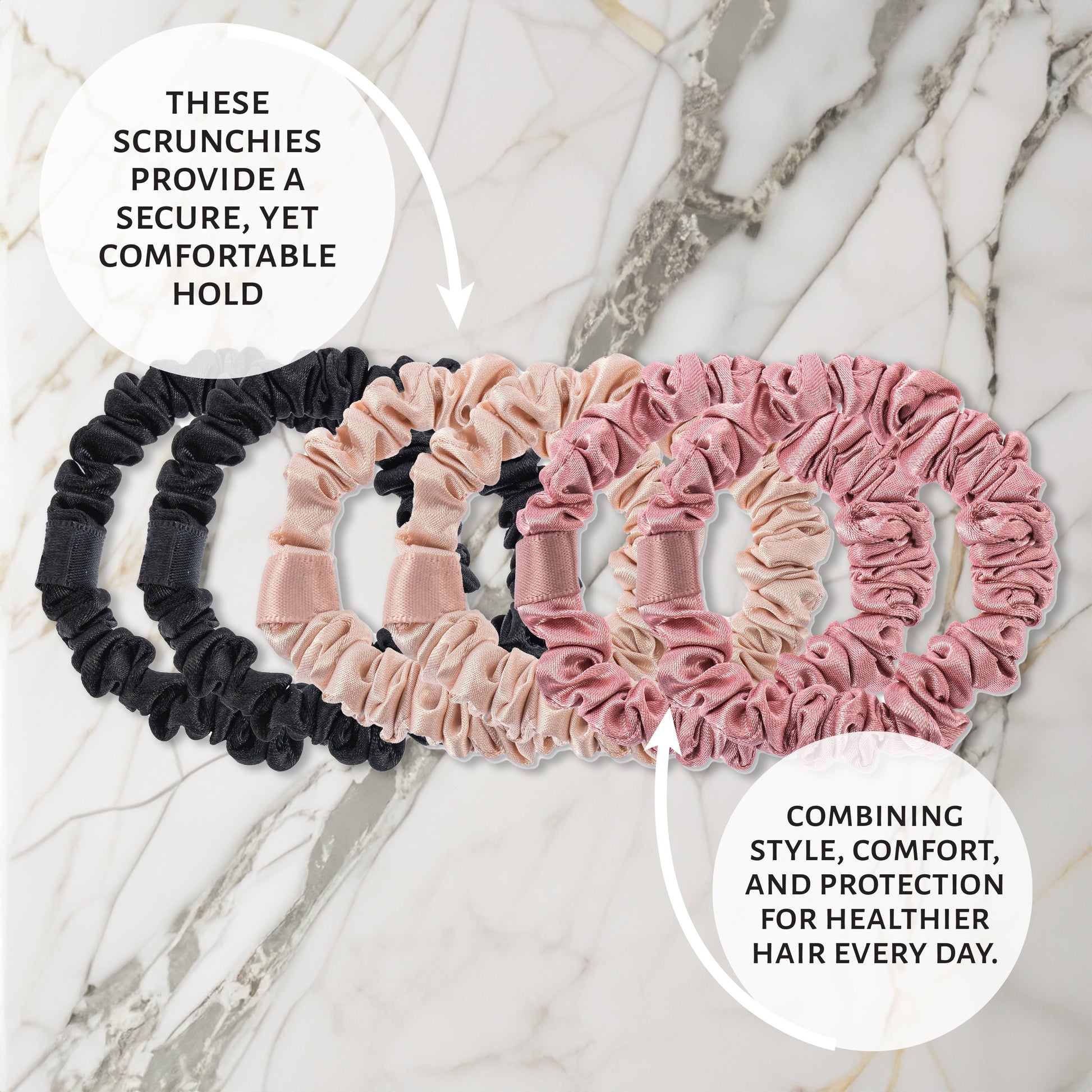 Market Fresh Beauty 100% Mulberry Silk Skinny Hair Scrunchies, 6 Pack - Silk Hair Ties for All Hair Types, Prevents Hair Breakage & Crease-Free Hold - Elegant Beige, Blush Pink, Black