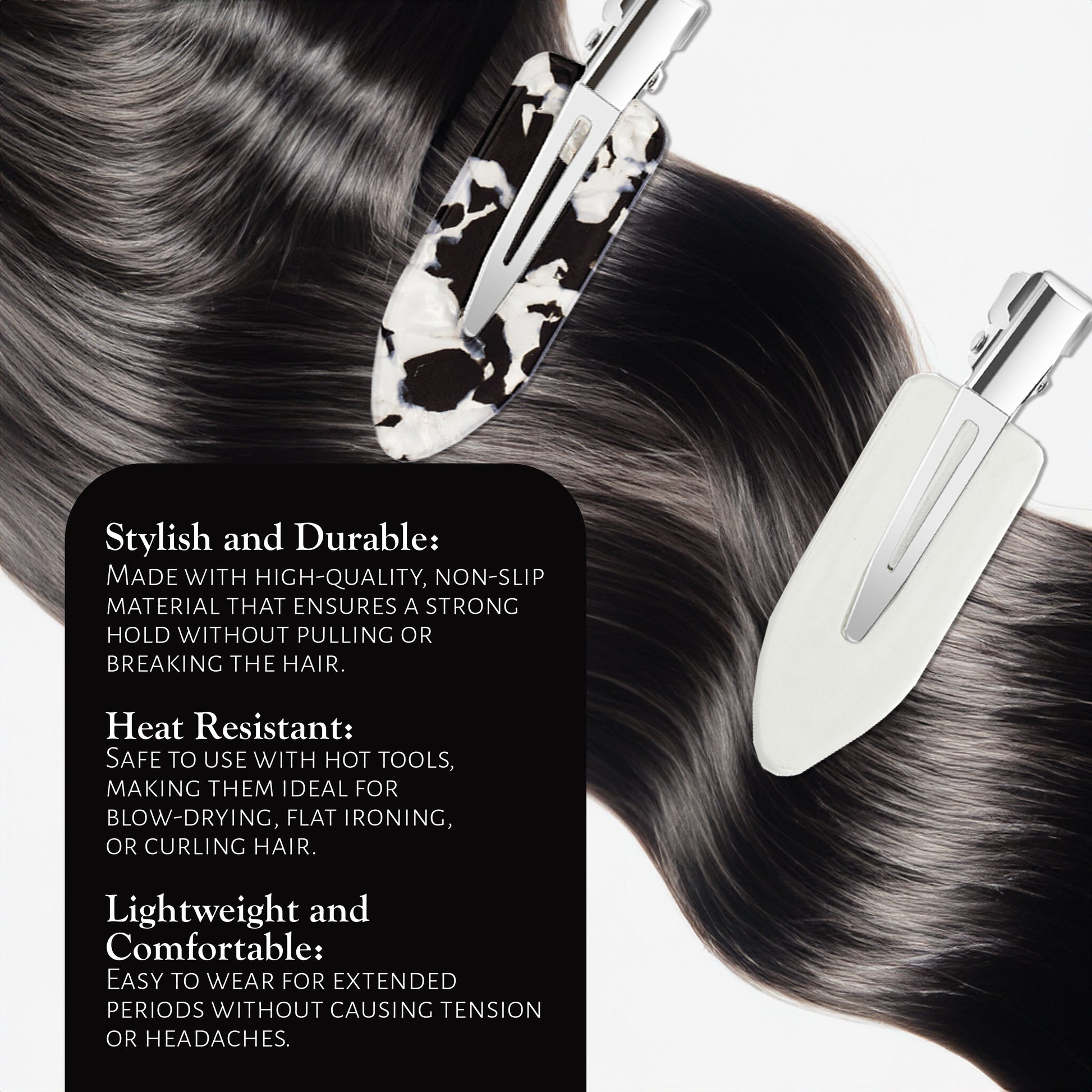Market Fresh Beauty Creaseless Hair Clips, 8 Pack - No-Crease Hair Styling Clips for Sectioning, All Hair Types, Heat Styling & Makeup Application - White & Marble Clips, Non-Slip & Durable Design