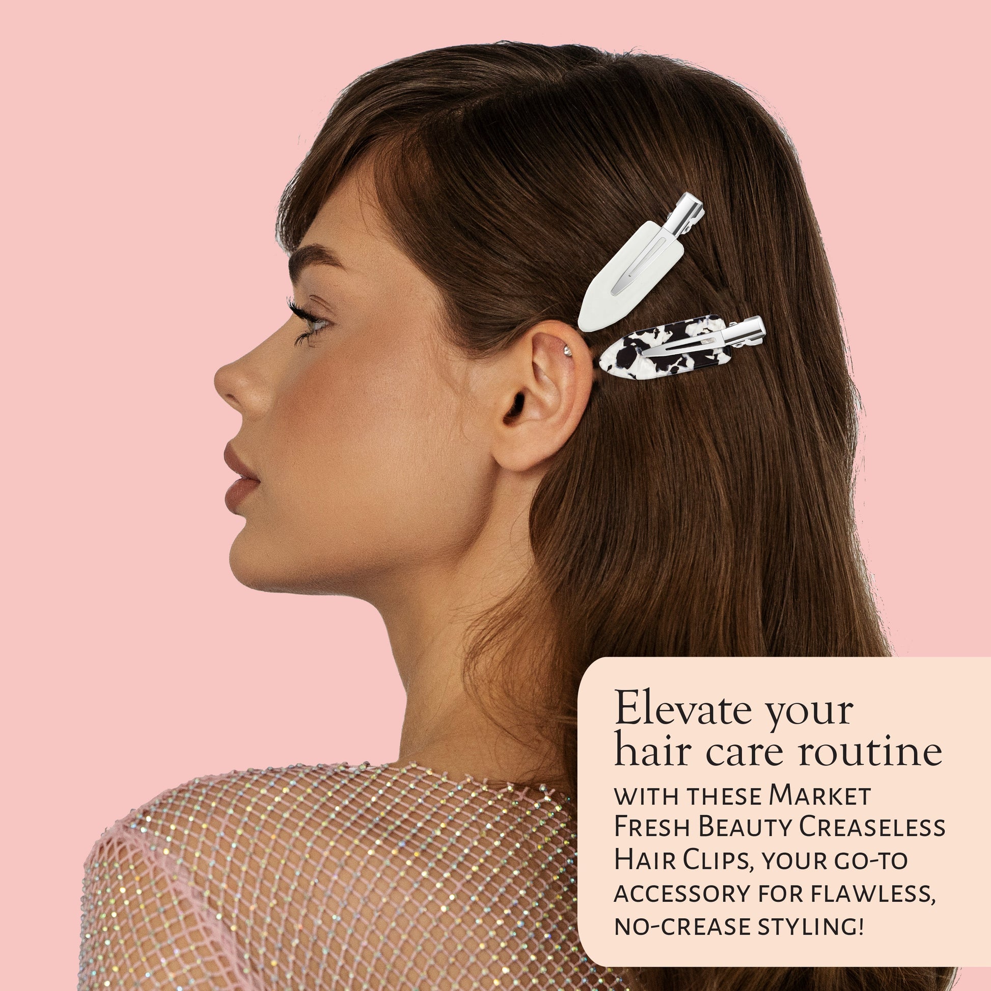 Market Fresh Beauty Creaseless Hair Clips, 8 Pack - No-Crease Hair Styling Clips for Sectioning, All Hair Types, Heat Styling & Makeup Application - White & Marble Clips, Non-Slip & Durable Design
