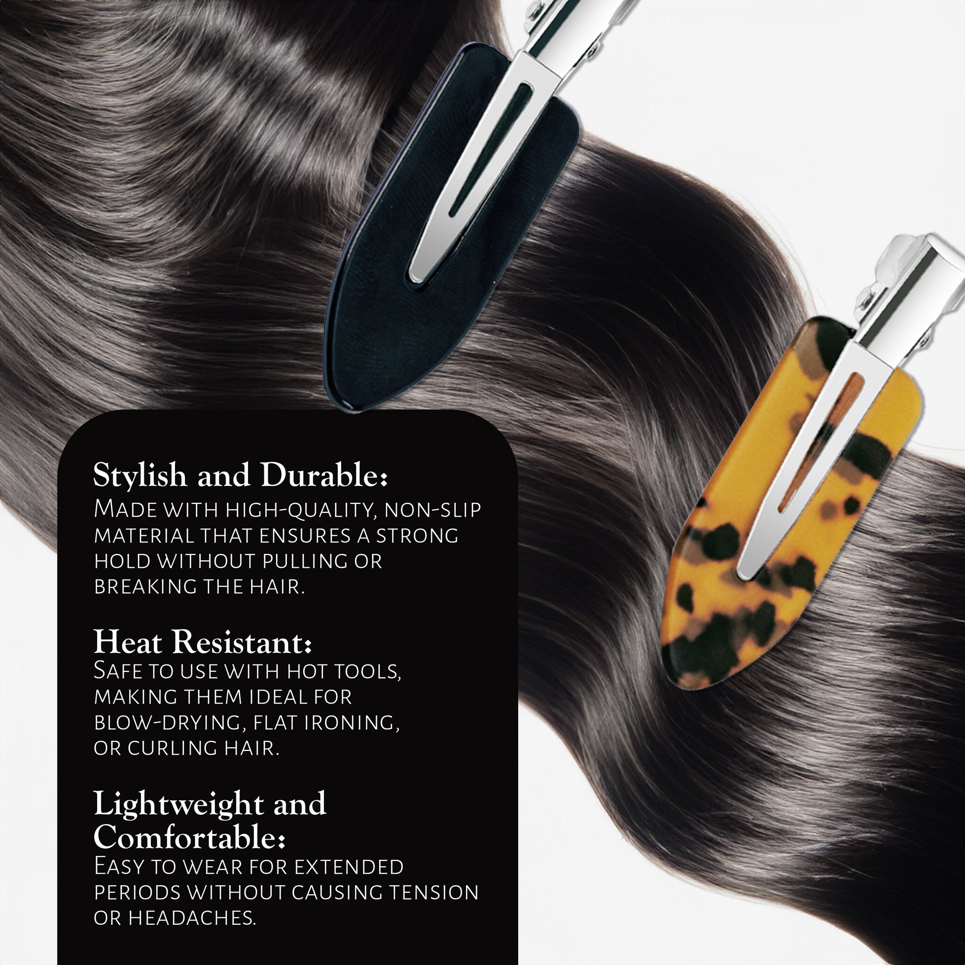 Market Fresh Beauty Creaseless Hair Clips, 8 Pack - No-Crease Hair Styling Clips for Sectioning, All Hair Types, Heat Styling & Makeup Application - Tortoise & Black Clips, Non-Slip & Durable Design