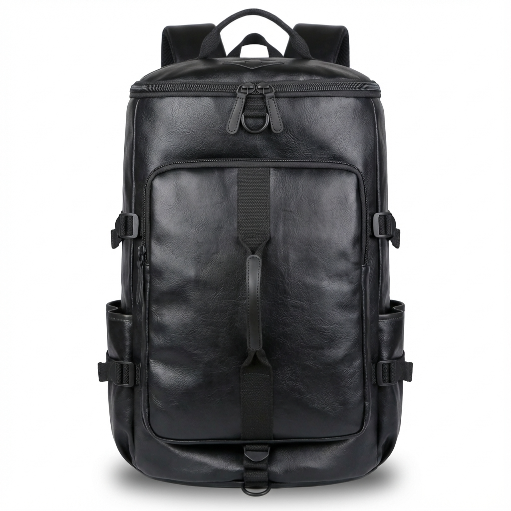 Black leather backpack on a white background