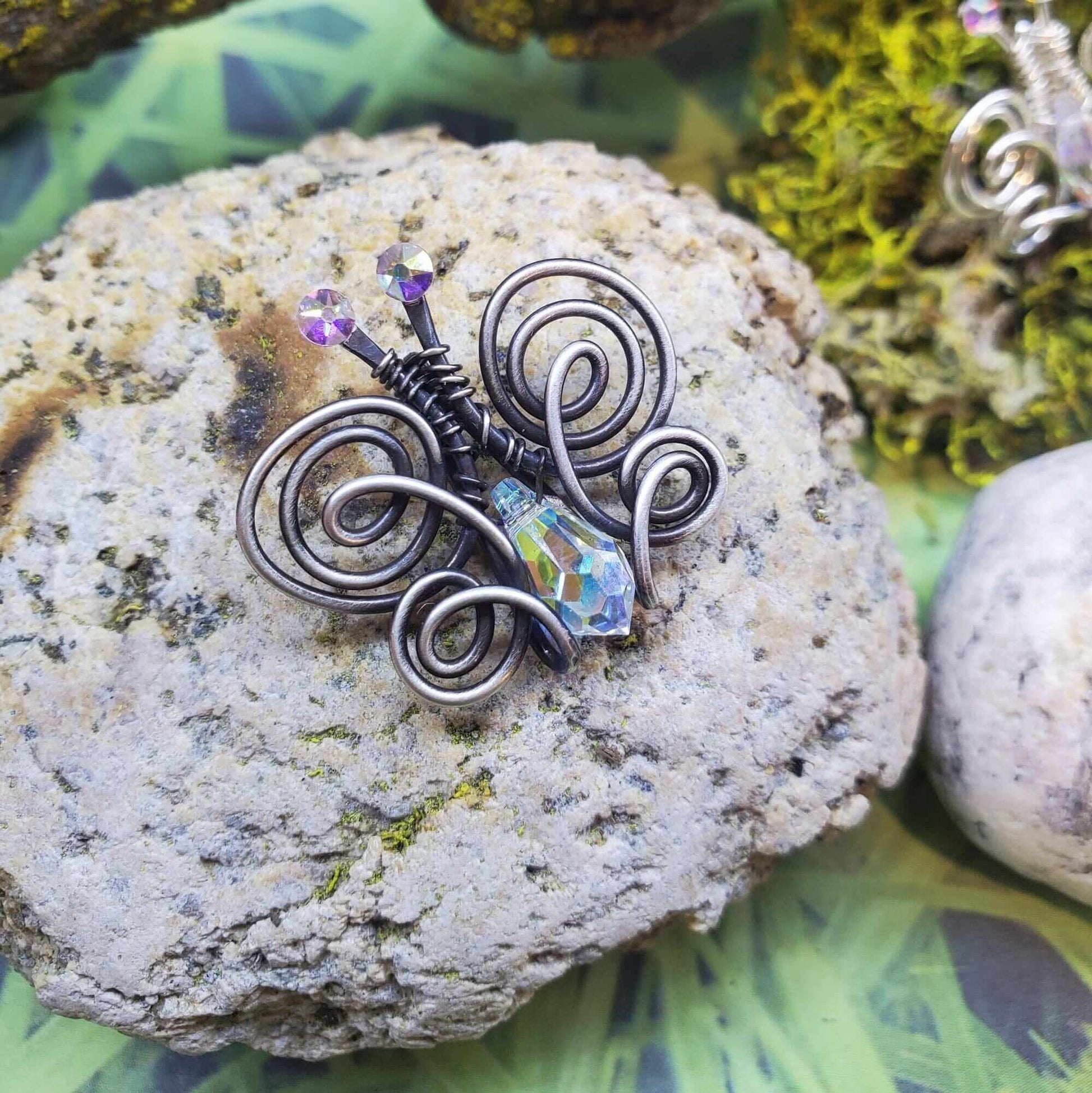 Handmade Wire Sculpted Crystal Butterfly Necklace