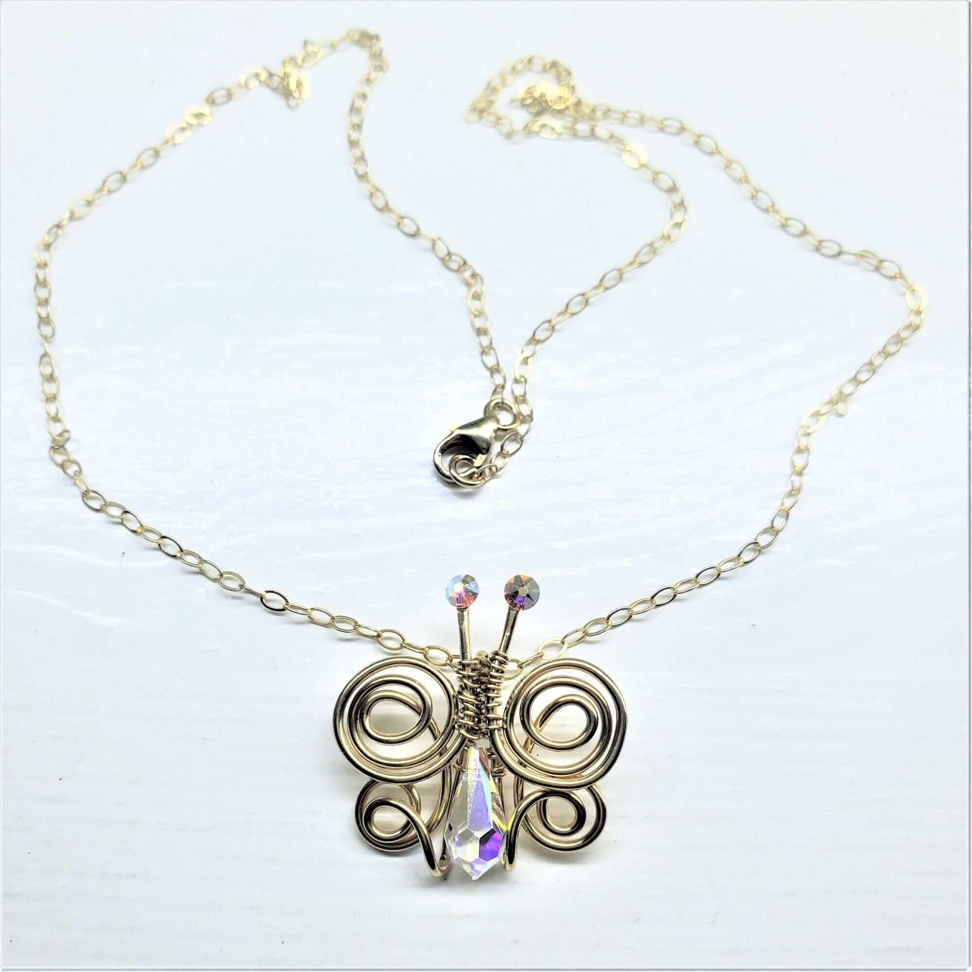 Handmade Wire Sculpted Crystal Butterfly Necklace