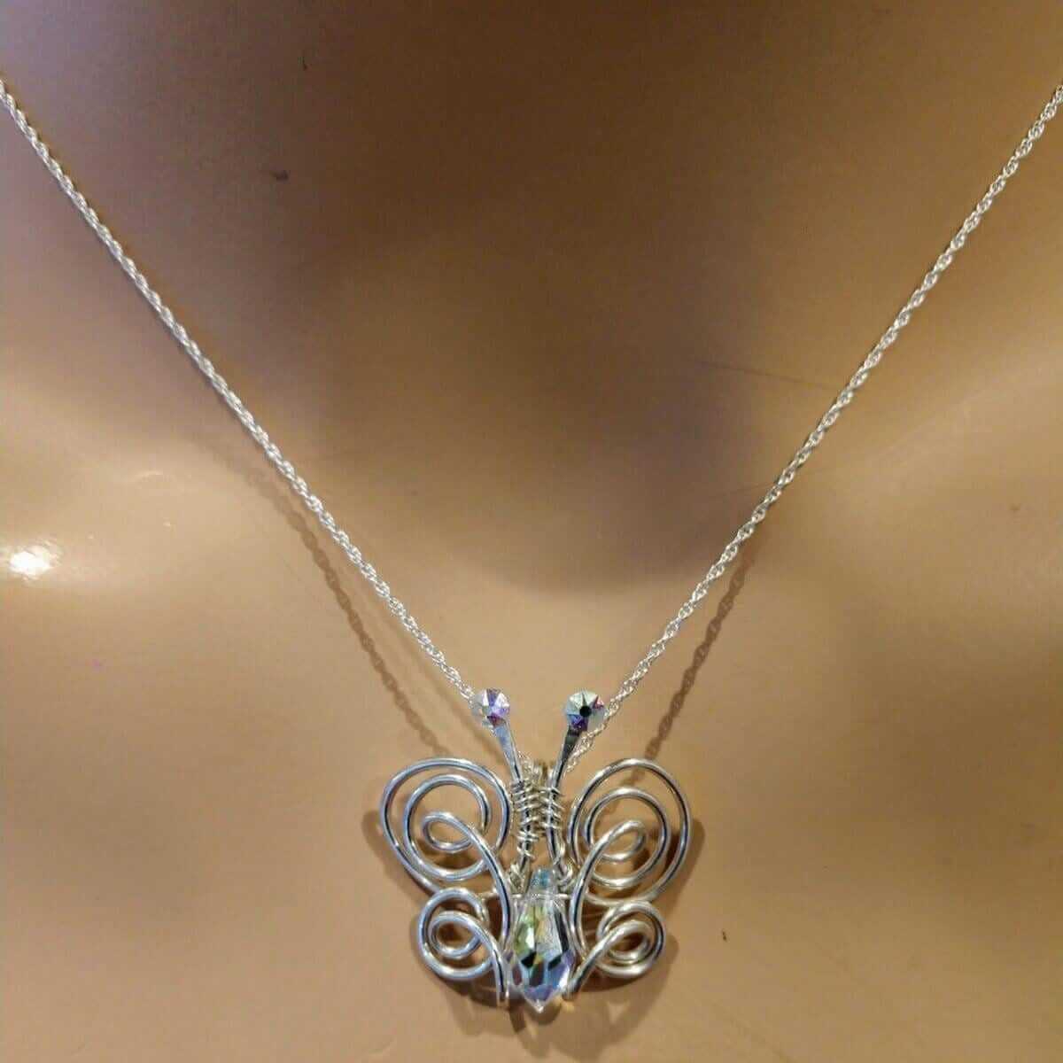 Handmade Wire Sculpted Crystal Butterfly Necklace