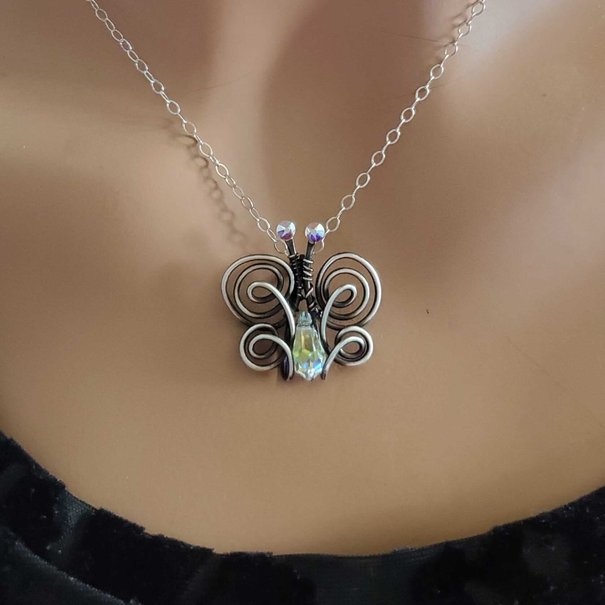 Handmade Wire Sculpted Crystal Butterfly Necklace