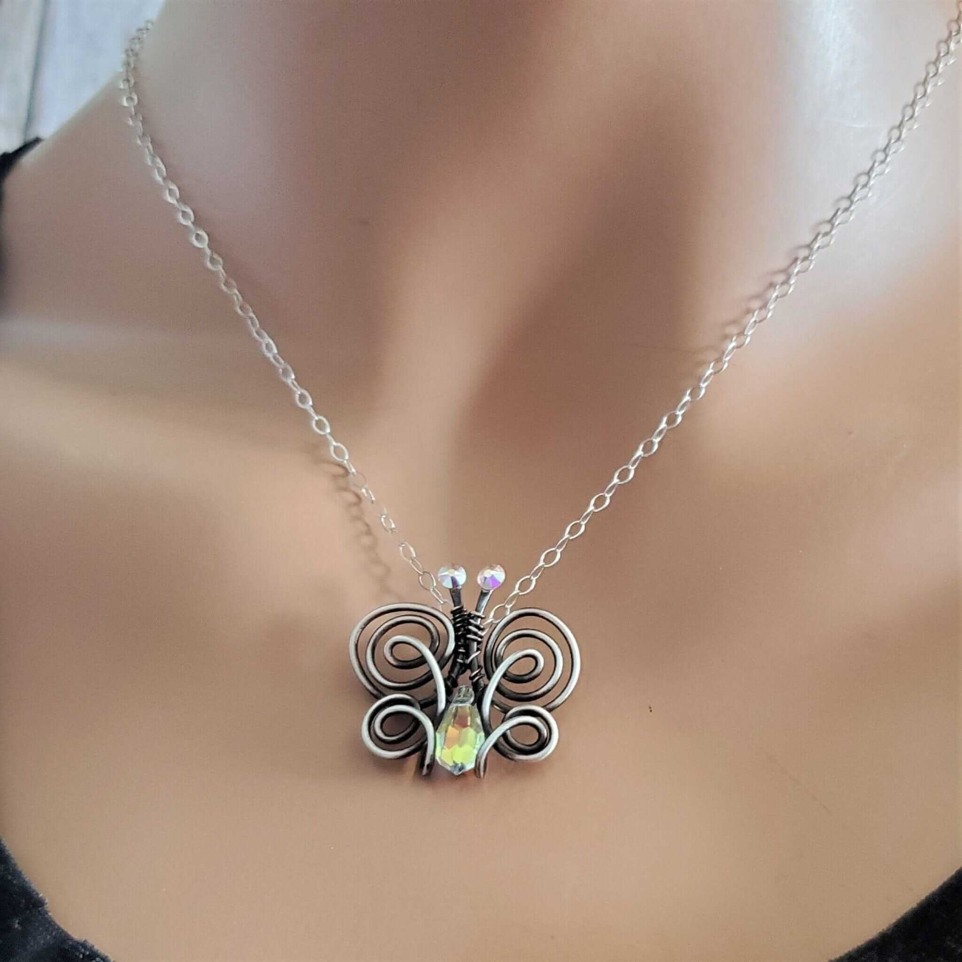 Handmade Wire Sculpted Crystal Butterfly Necklace
