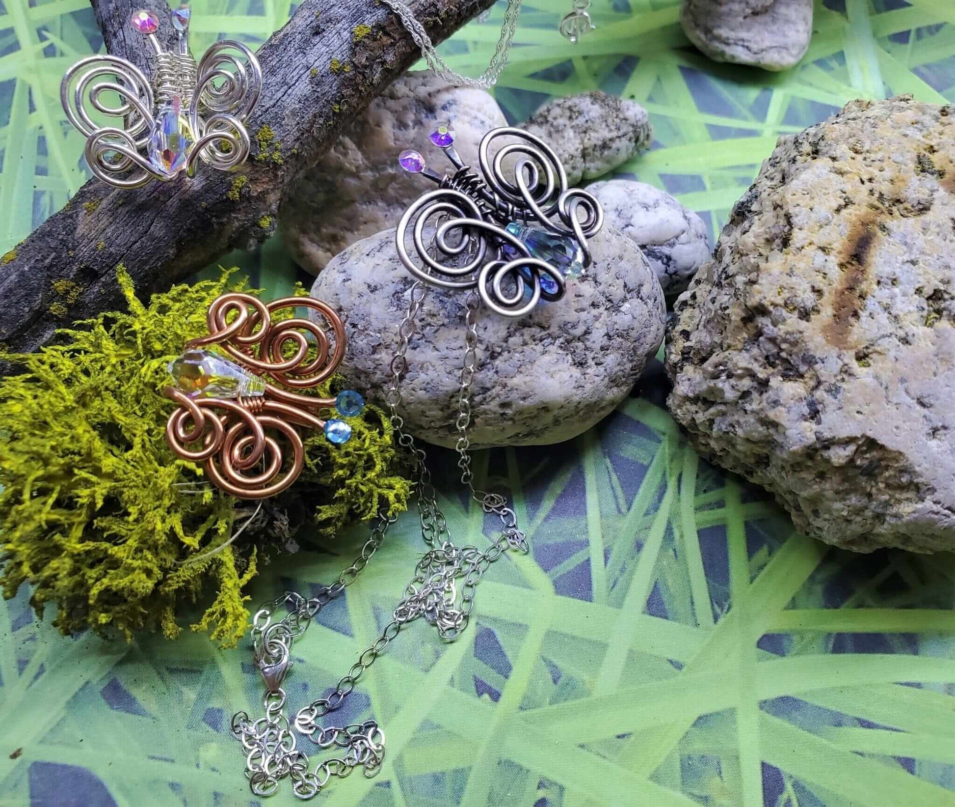 Handmade Wire Sculpted Crystal Butterfly Necklace