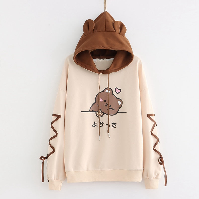 Kawaii Tan and Brown Cute Bear Hoodie with Bear Ears