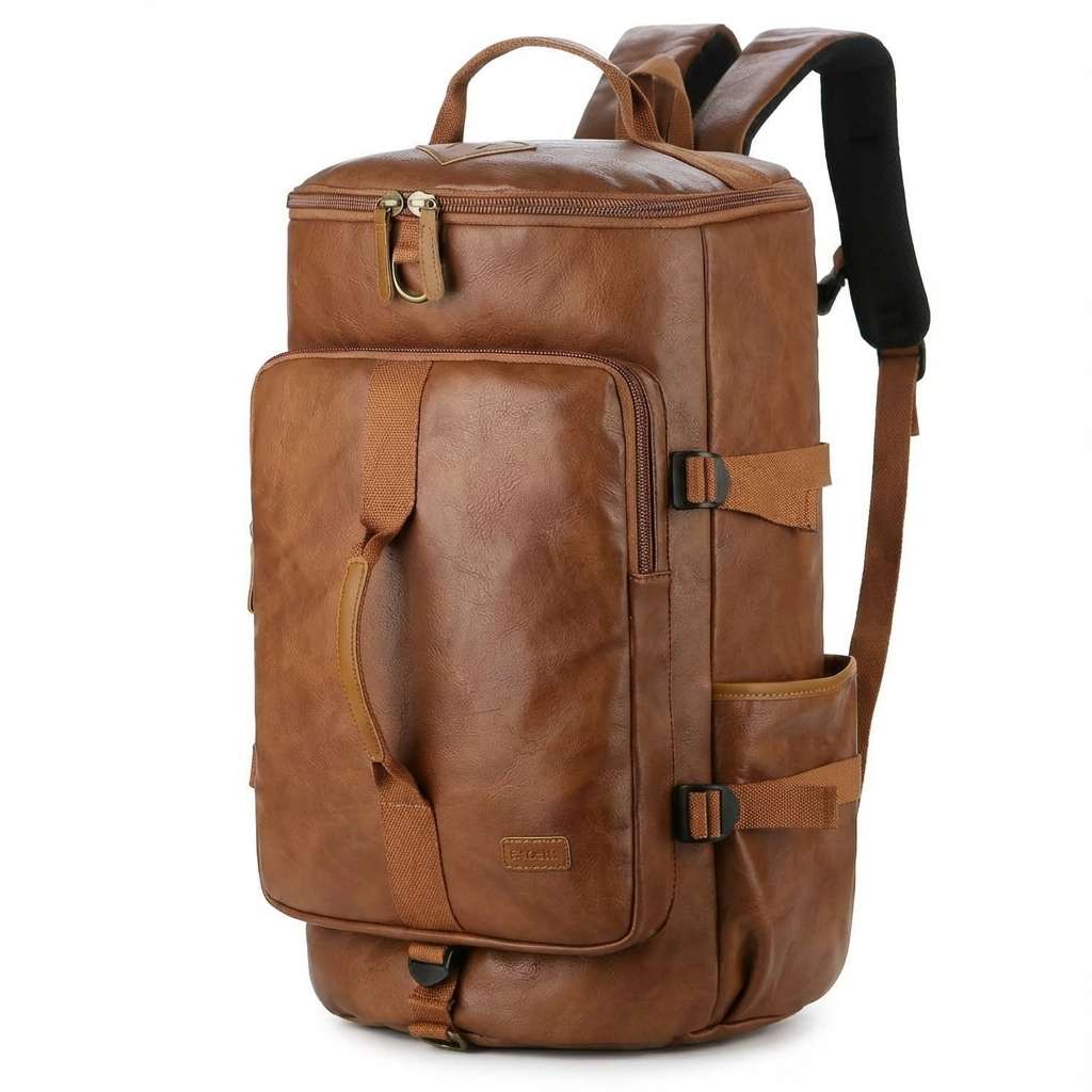 Brown leather backpack on a white background