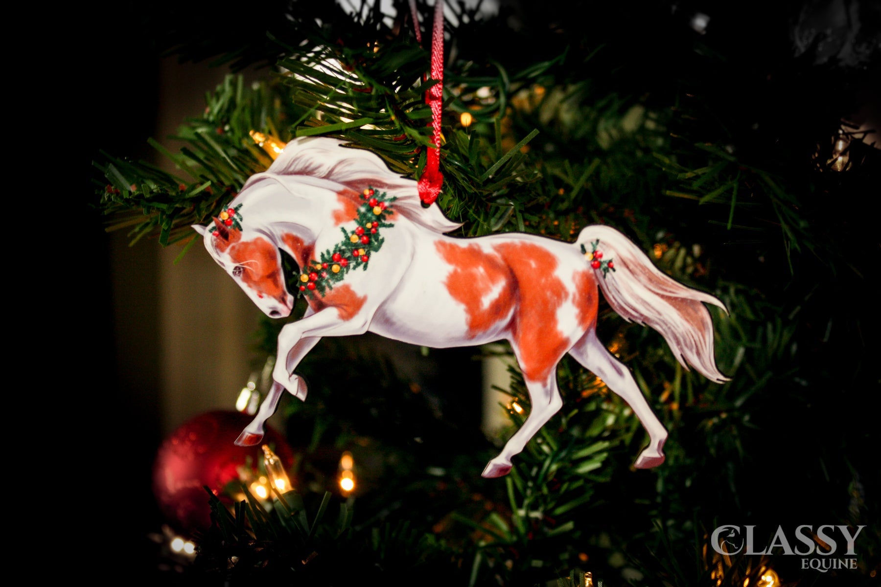 Pinto Horse Christmas Ornament - Chestnut and White Tobiano Horse by Classy Equine