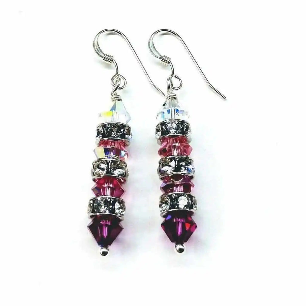Hot Pink Ombre Stacked Crystal Sterling Silver Earrings