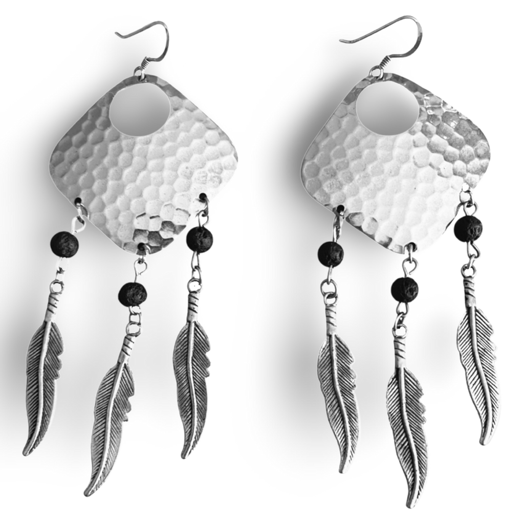 Bohemian Dream Catcher Earrings with Feathers and Black Lava Rocks by The Urban Charm by The Urban Charm