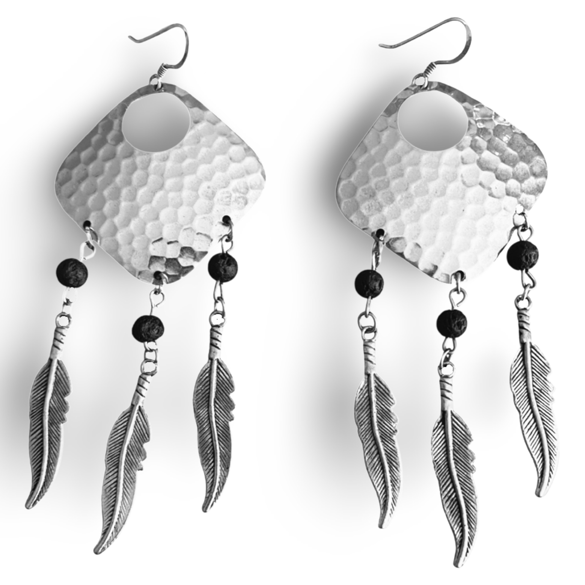 Bohemian Dream Catcher Earrings with Feathers and Black Lava Rocks by The Urban Charm by The Urban Charm
