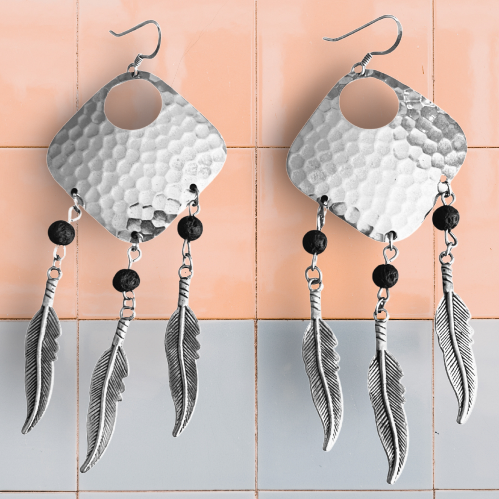 Bohemian Dream Catcher Earrings with Feathers and Black Lava Rocks by The Urban Charm by The Urban Charm