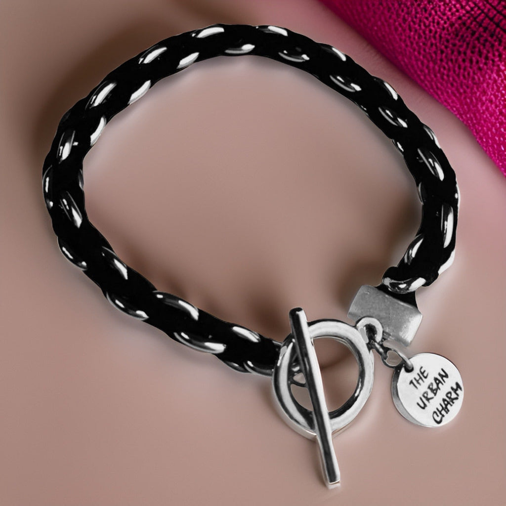 Black Suede Woven Cable Chain Toggle Bracelet by The Urban Charm