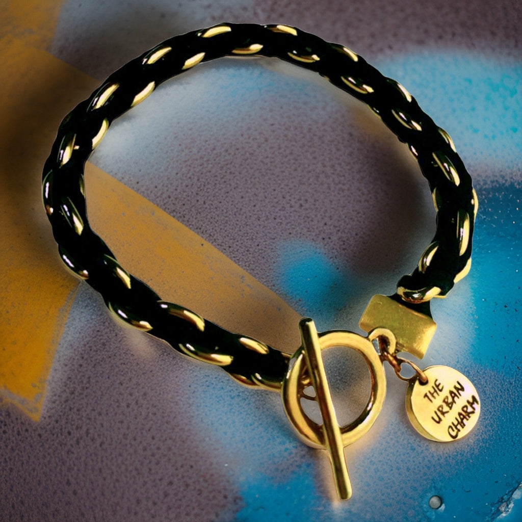 Black Suede Woven Cable Chain Toggle Bracelet by The Urban Charm