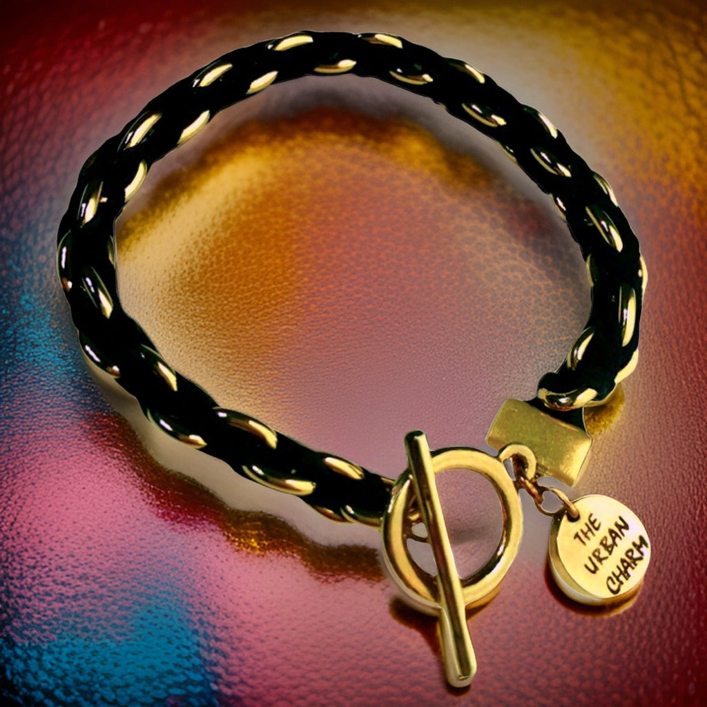 Black Suede Woven Cable Chain Toggle Bracelet by The Urban Charm