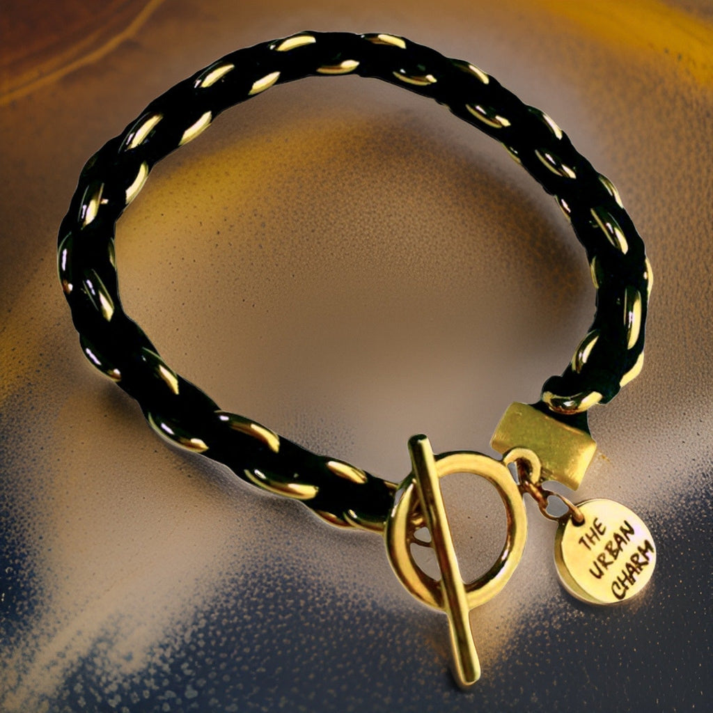Black Suede Woven Cable Chain Toggle Bracelet by The Urban Charm