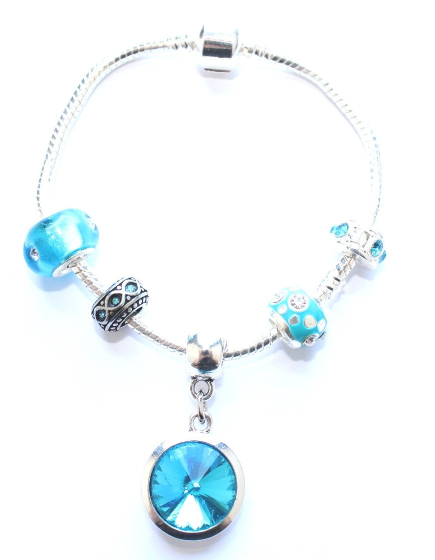 Adult's 'March Birthstone' Aqua Coloured Crystal Silver Plated Charm Bead Bracelet by Liberty Charms USA