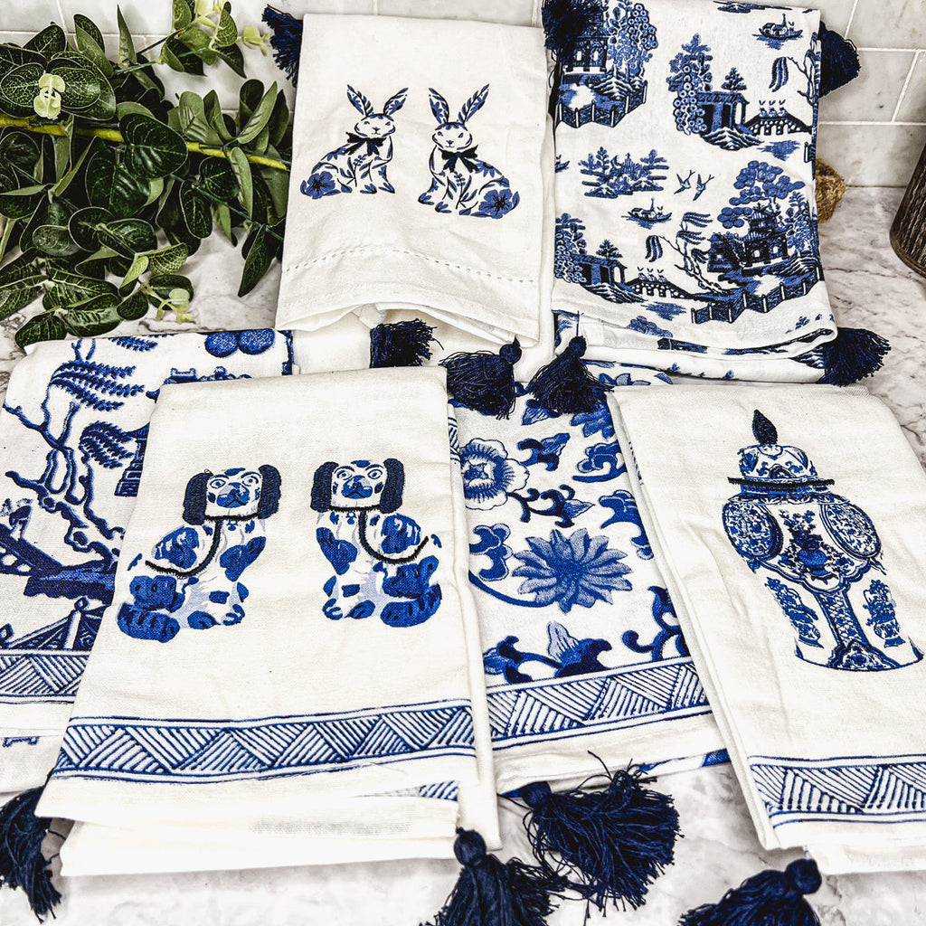 Chinoiserie Tea Towels, Blue Straffordshire and Blue Willow