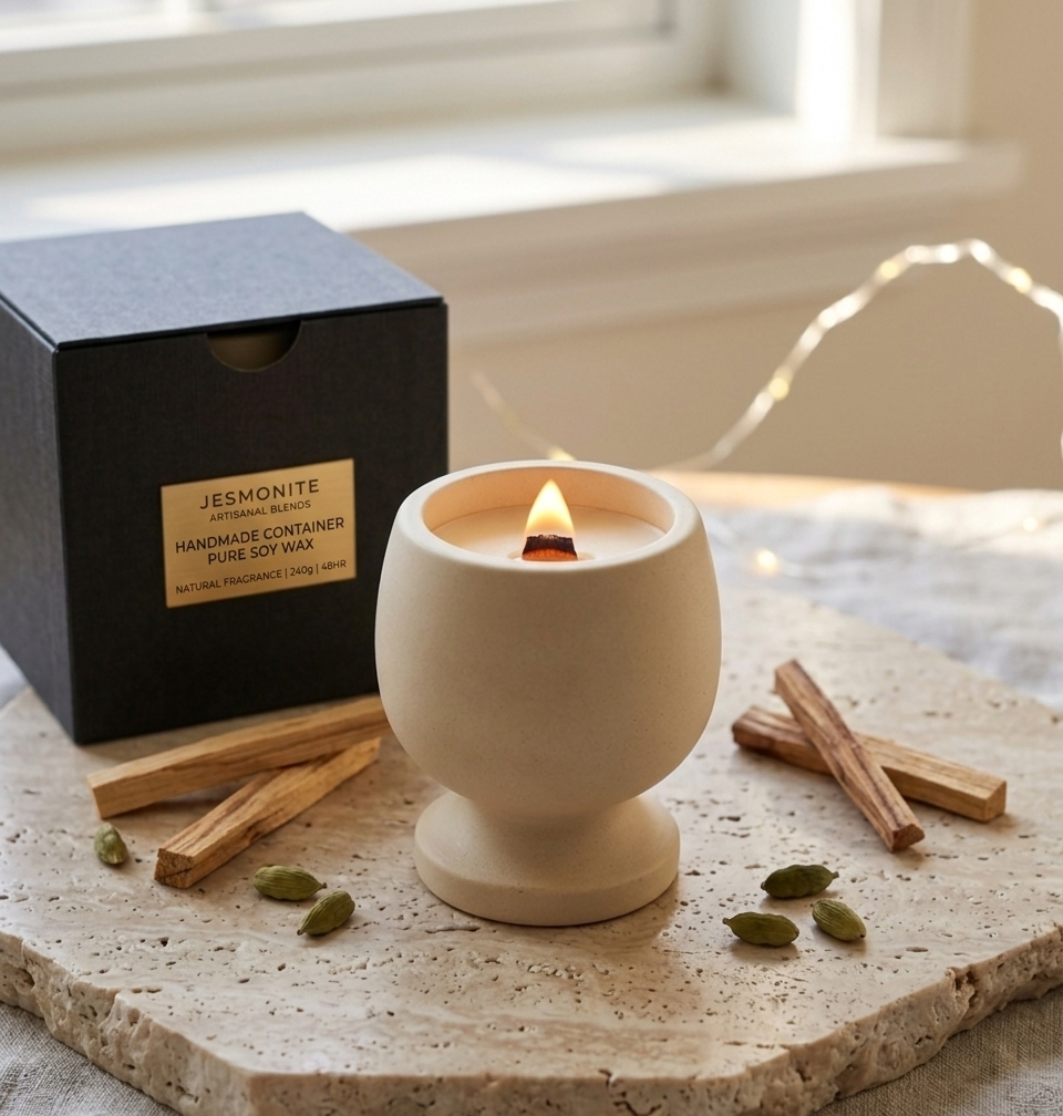 Jesmonite Pedestal Candle – Hand-Poured Soy Wax & Crackling Wood Wick