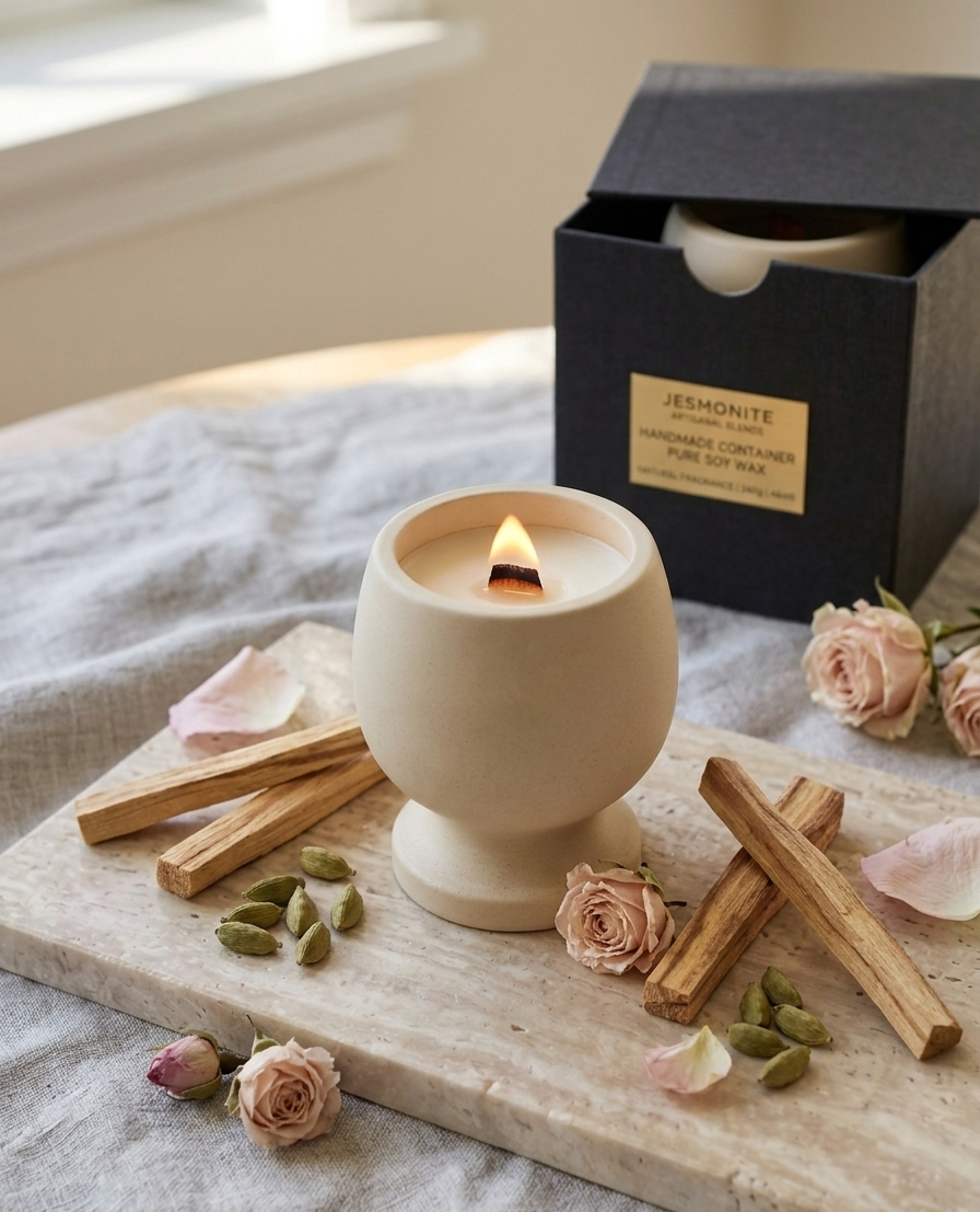 Jesmonite Pedestal Candle – Hand-Poured Soy Wax & Crackling Wood Wick