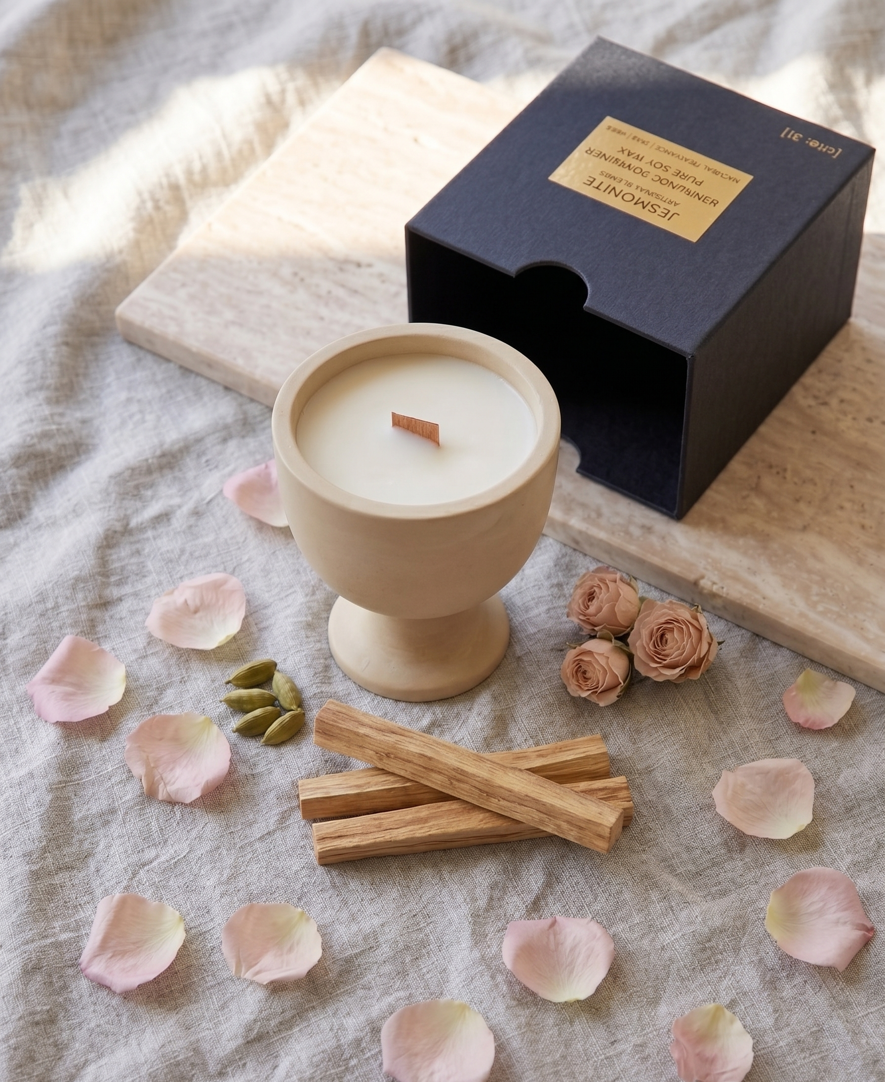 Jesmonite Pedestal Candle – Hand-Poured Soy Wax & Crackling Wood Wick