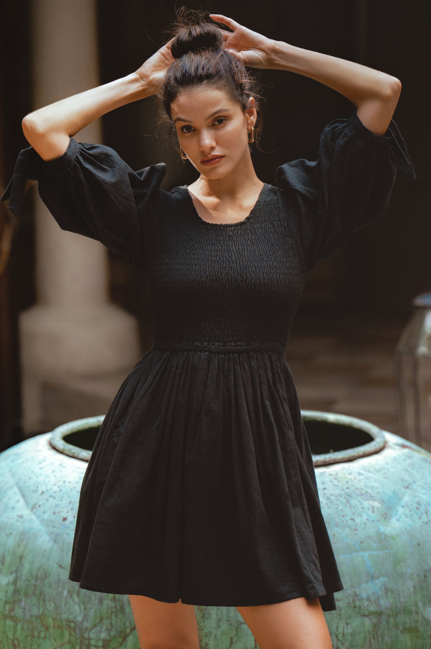 Jolie Puff Sleeve Linen Mini Dress by Bali ELF