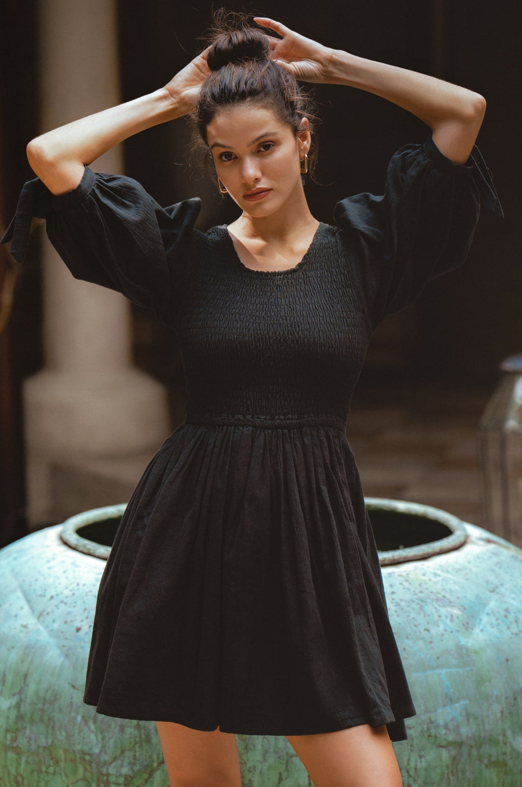 Jolie Puff Sleeve Linen Mini Dress by Bali ELF