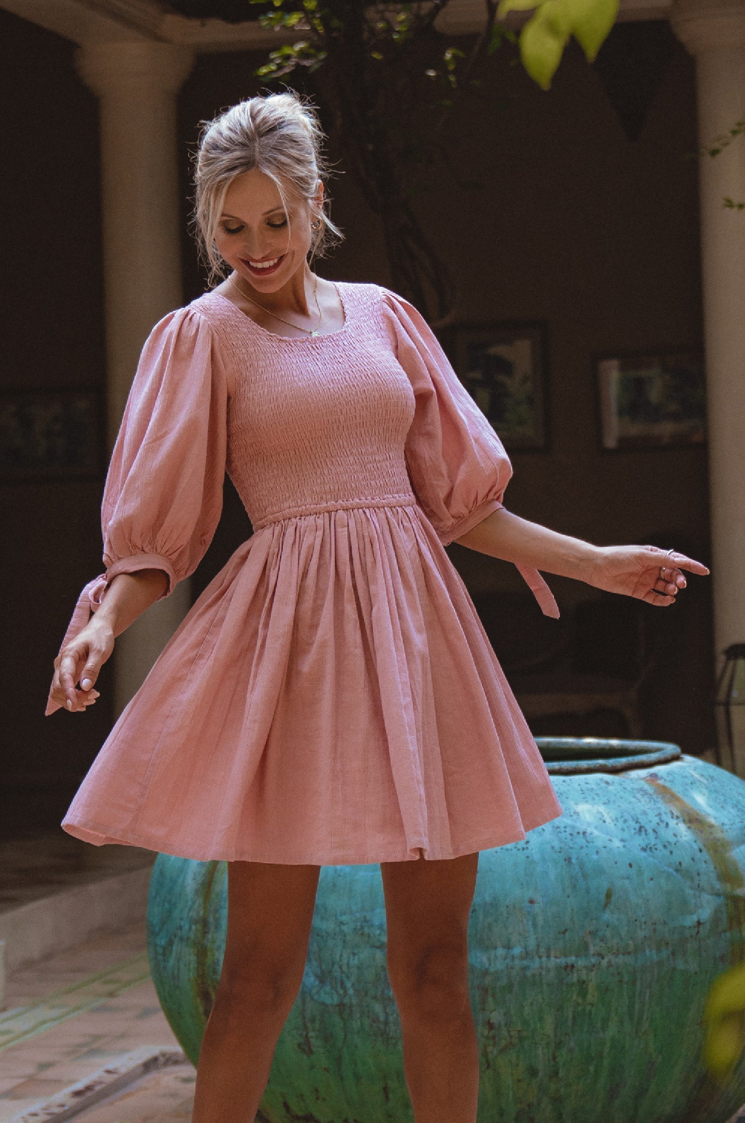 Jolie Puff Sleeve Linen Mini Dress by Bali ELF