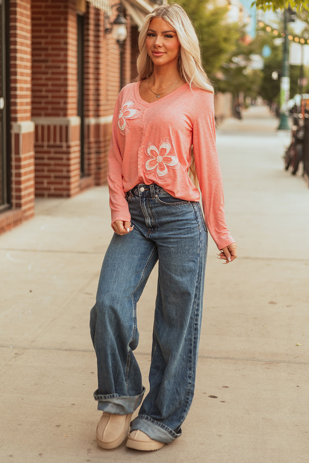 Emery Floral Patchwork V Neck Long Sleeve Top - Threaded Pear