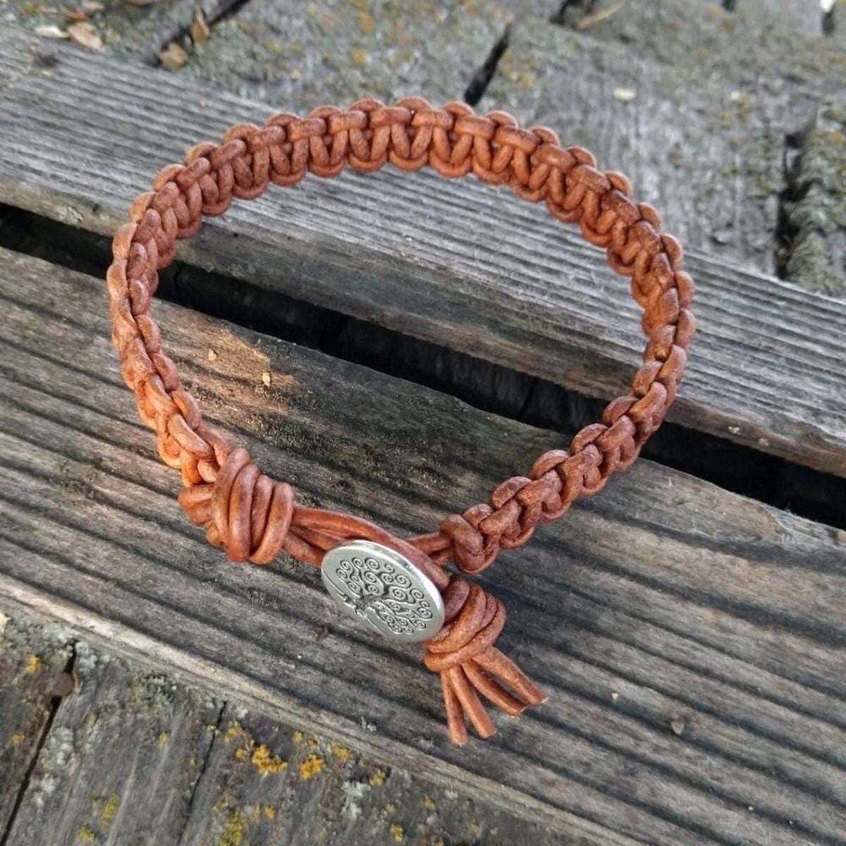 Large Mens Tree of Life Earth Color Macrame Leather Bracelet