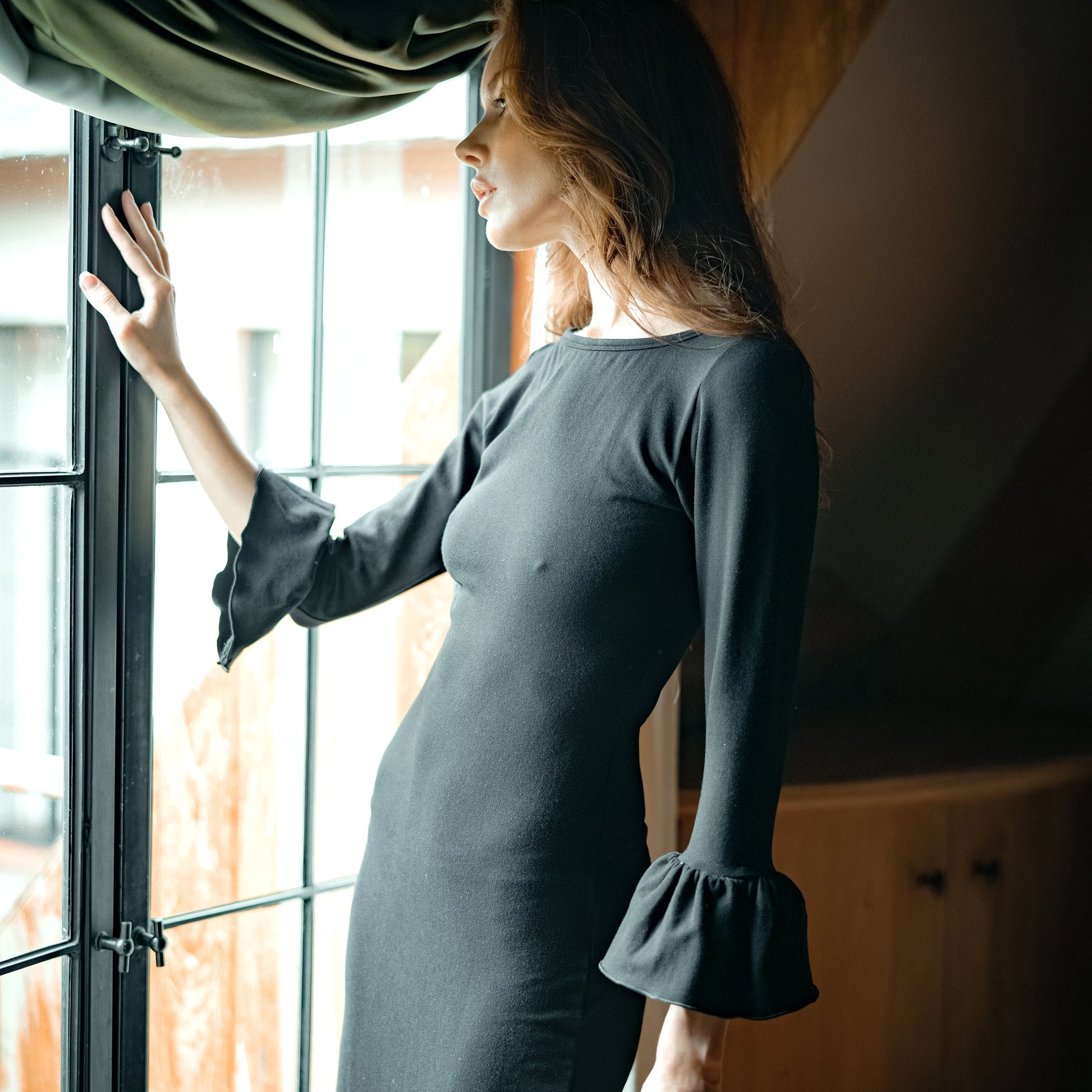 MARJORIE Bamboo Ruffle Dress, in Black by BrunnaCo
