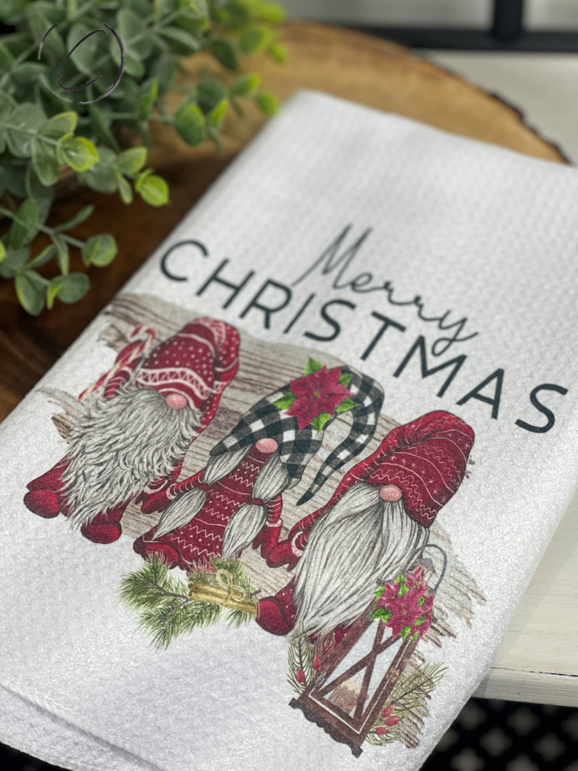 Merry Christmas Gnomes Waffle Weave Tea Towel by All The Right Perks LLC